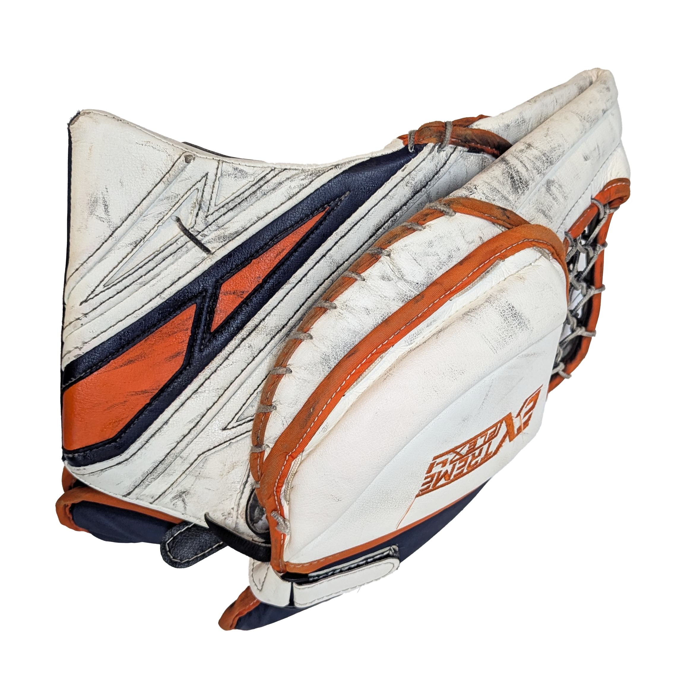 CCM Extreme Flex 4 - Used Pro Stock Goalie Glove (White/Orange/Navy)
