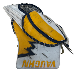 Vaughn Velocity V9 - Jambières de gardien senior Pro Stock d'occasion (blanc/jaune/bleu marine)