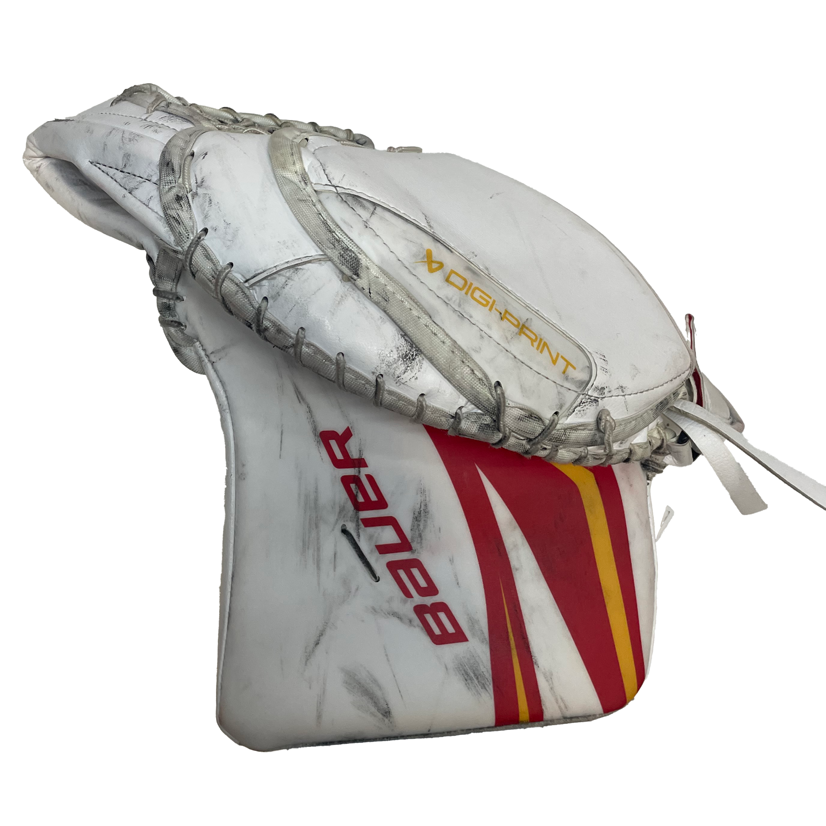 Bauer Vapor Hyperlite 2 - Used AHL Pro Stock Goalie Glove (White/Red/Yellow) *Practice Palm