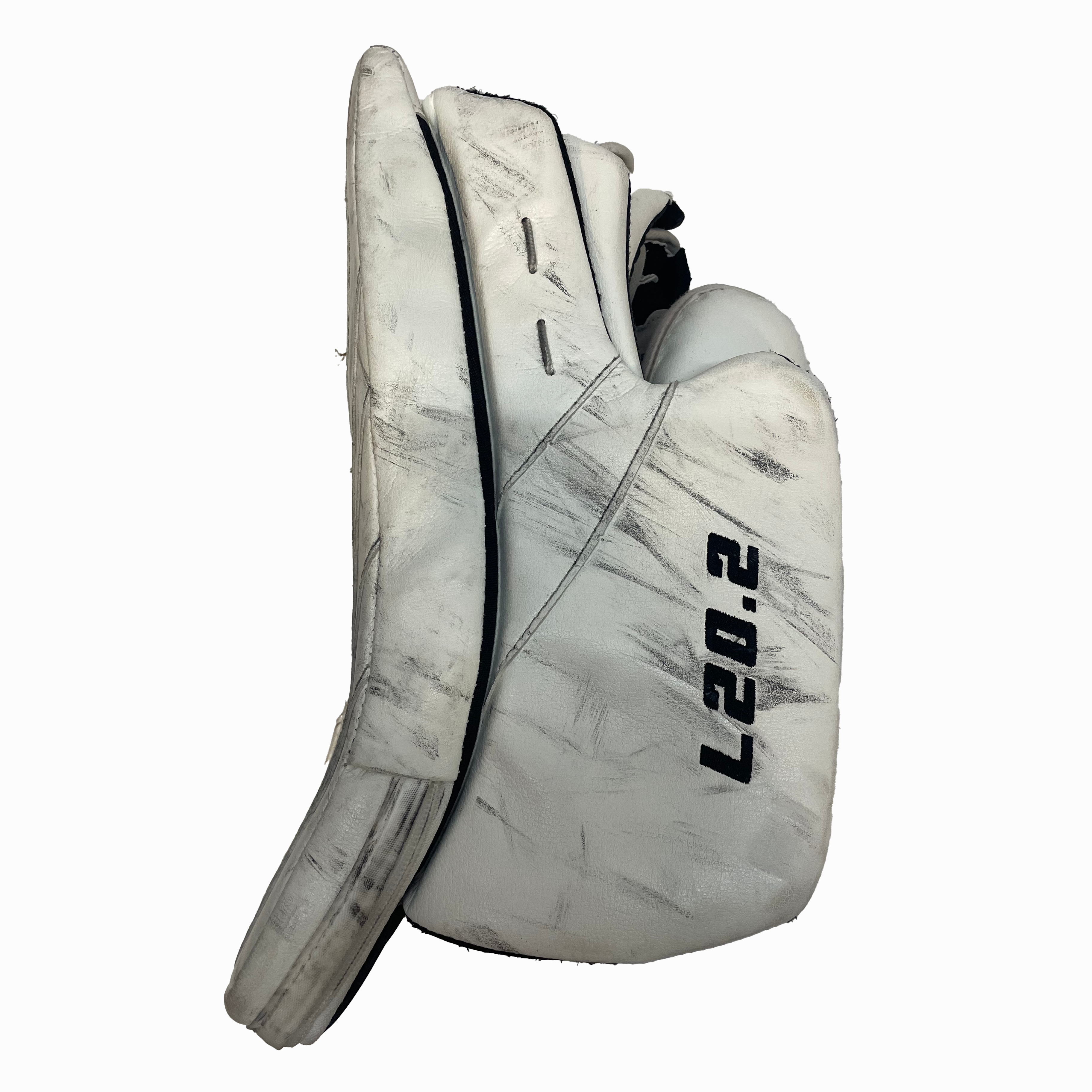 True L20.2 - Used Full Right Pro Stock Goalie Blocker - Brandon Bussi (White/Black/Yellow)