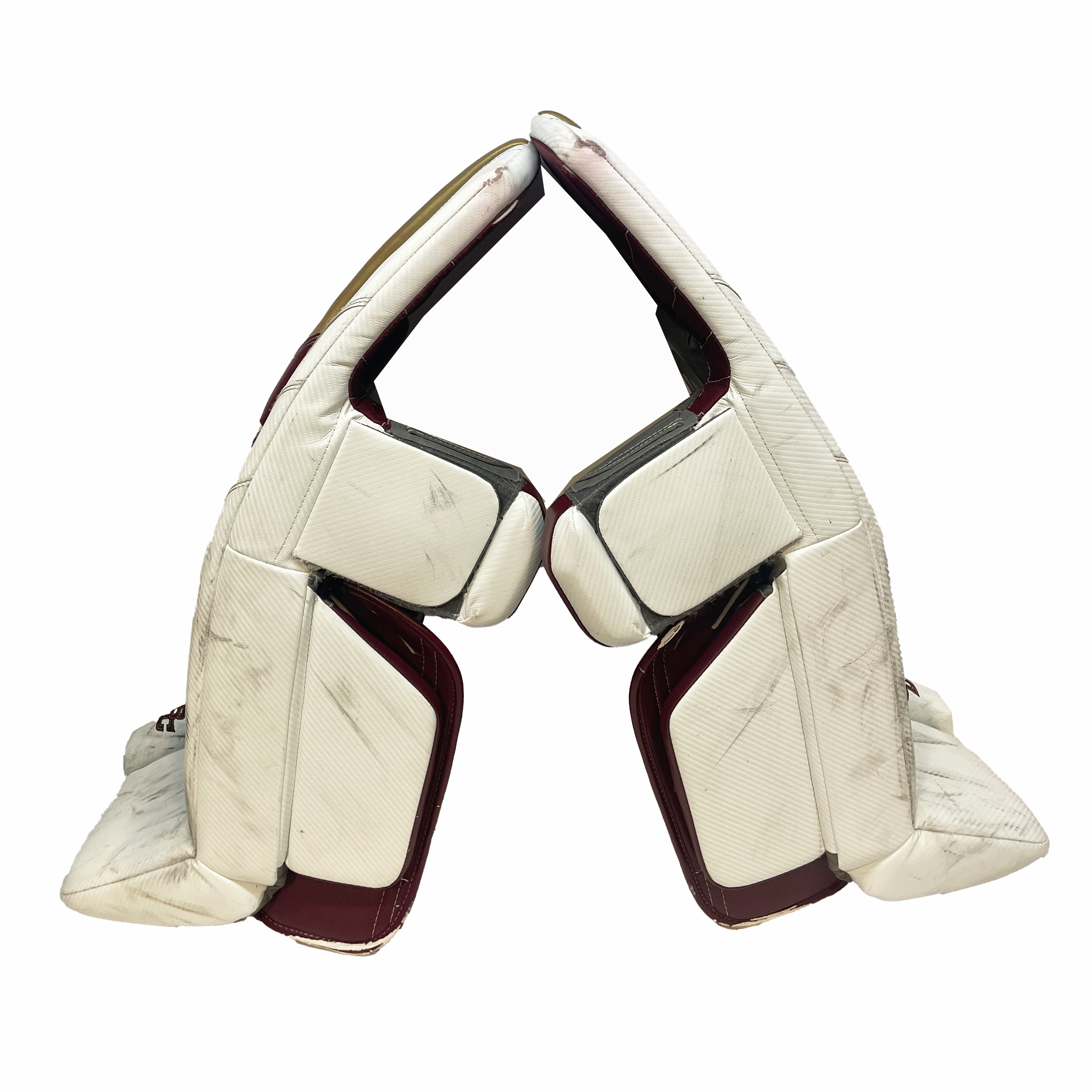 Warrior Ritual G7 Pro - Used NCAA Pro Stock Goalie Pads (White/Maroon/Gold)