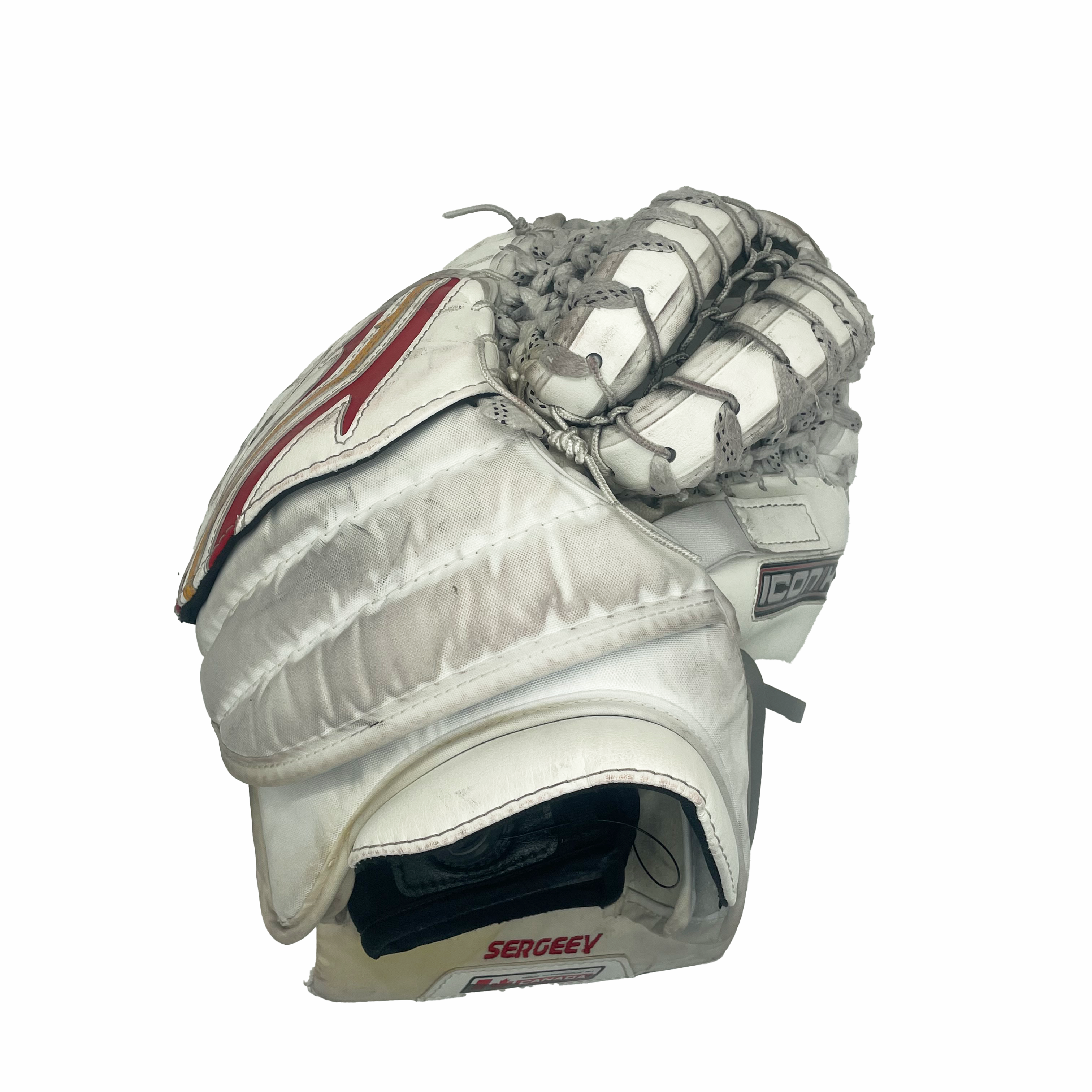 Brian's Iconik - Used AHL Pro Stock Goalie Glove (White/Red/Yellow)