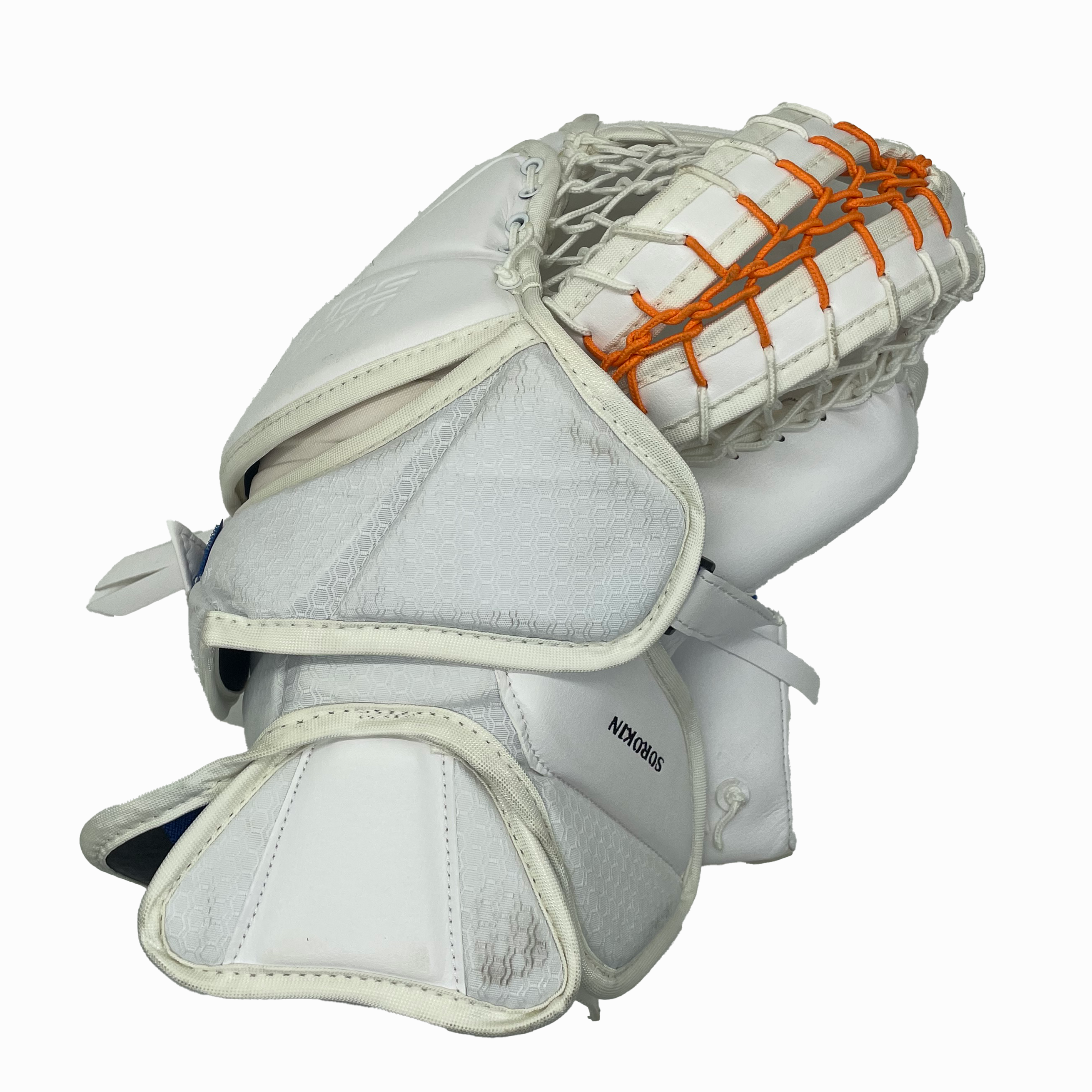 Bauer Supreme Ultrasonic - Used NHL Pro Stock Goalie Glove - Ilya Sorokin (White/Blue/Orange)