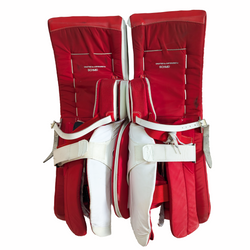 TRUE L12.2 - Jambières de gardien de but AHL Pro Stock d'occasion (blanches/rouges)