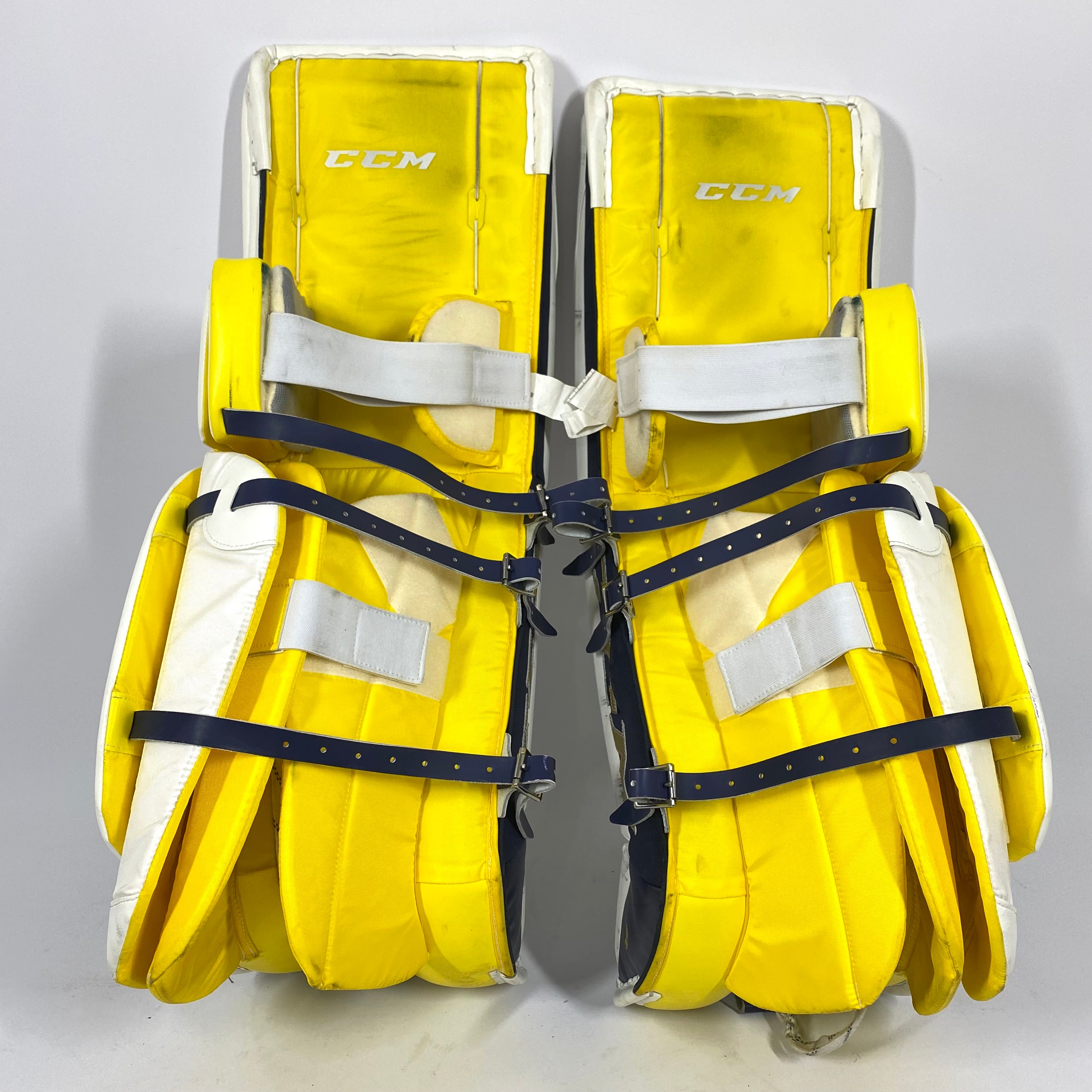 CCM Extreme Flex 4 - Jambières de gardien de but NCAA Pro Stock Senior d'occasion (blanc/or)