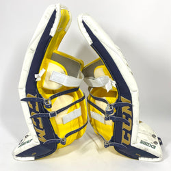 CCM Extreme Flex 4 - Jambières de gardien de but NCAA Pro Stock Senior d'occasion (blanc/or)