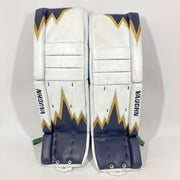 Vaughn Pro Custom - Jambières de gardien NCAA Pro Stock d'occasion (blanc/bleu/or)