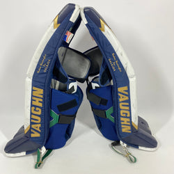 Vaughn Pro Custom - Jambières de gardien NCAA Pro Stock d'occasion (blanc/bleu/or)