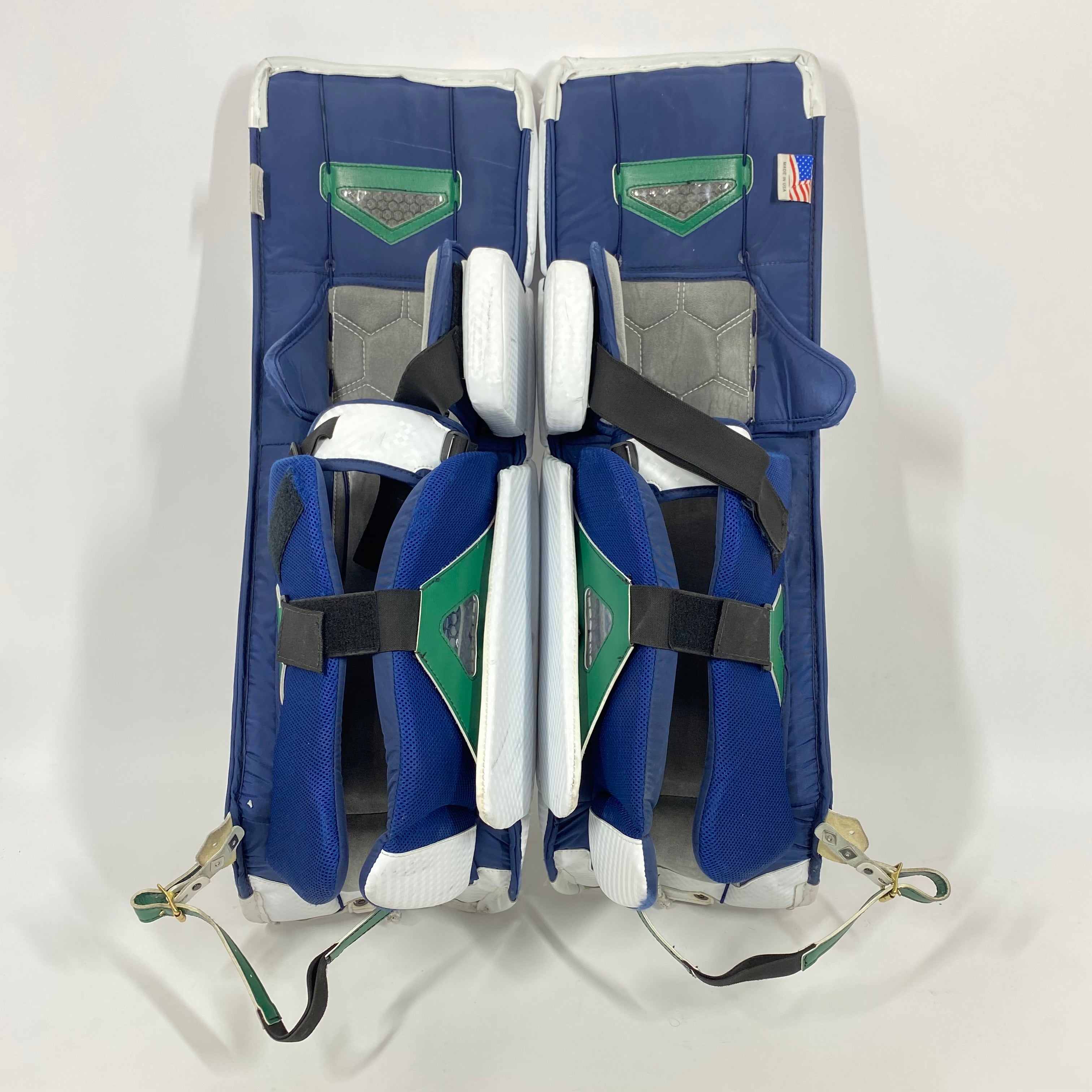 Vaughn Pro Custom - Jambières de gardien NCAA Pro Stock d'occasion (blanc/bleu/or)