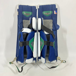 Vaughn Pro Custom - Jambières de gardien NCAA Pro Stock d'occasion (blanc/bleu/or)