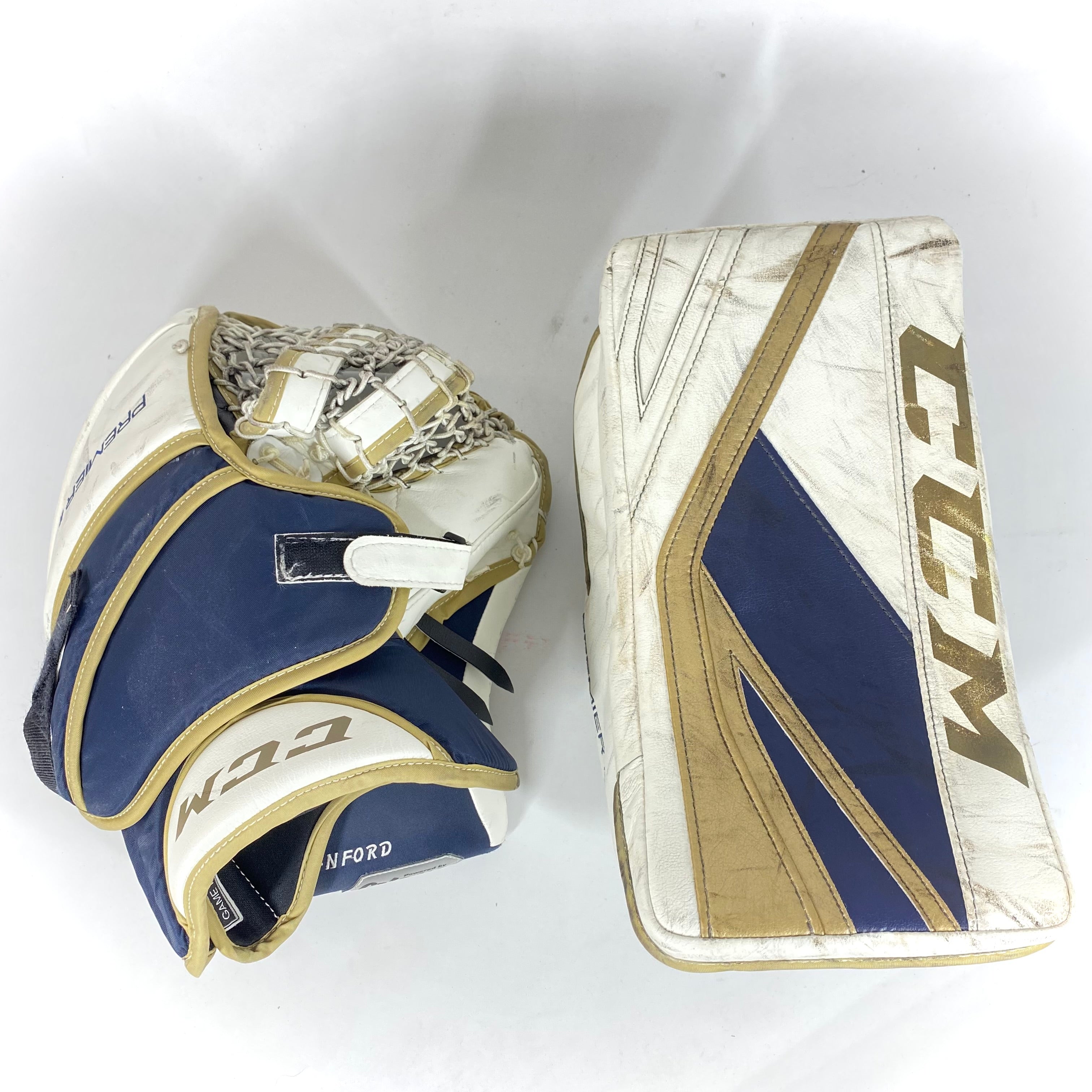 CCM Premier II - Ensemble de gardien de but complet NCAA Pro Stock d'occasion (blanc/or/bleu)