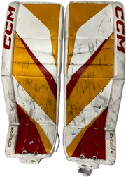 CCM Extreme Flex 6 - Jambières de gardien de but NHL Pro Stock d'occasion - Dustin Wolf (blanc/jaune/rouge)