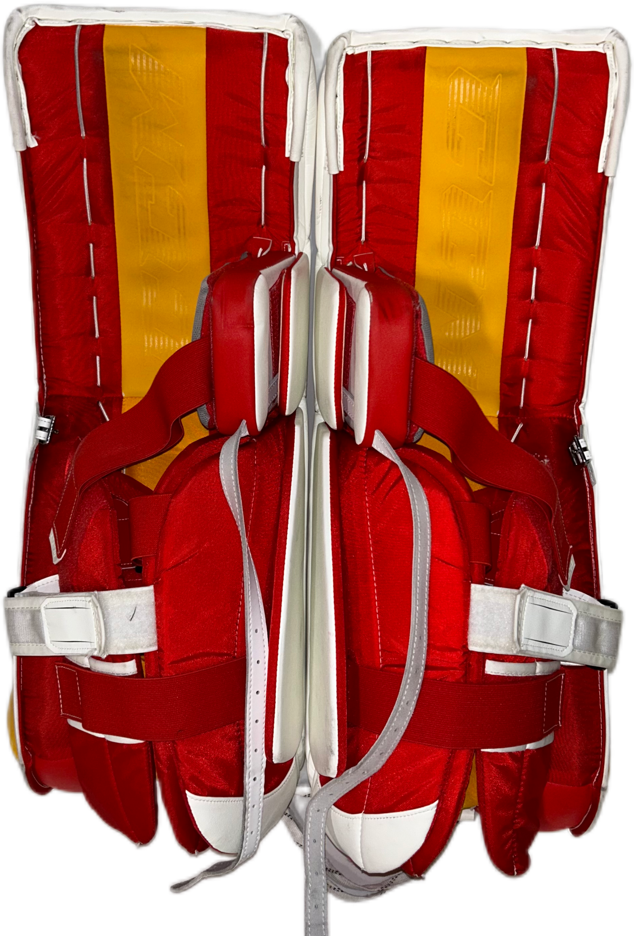 CCM Extreme Flex 6 - Jambières de gardien de but NHL Pro Stock d'occasion - Dustin Wolf (blanc/jaune/rouge)