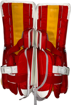 CCM Extreme Flex 6 - Jambières de gardien de but NHL Pro Stock d'occasion - Dustin Wolf (blanc/jaune/rouge)