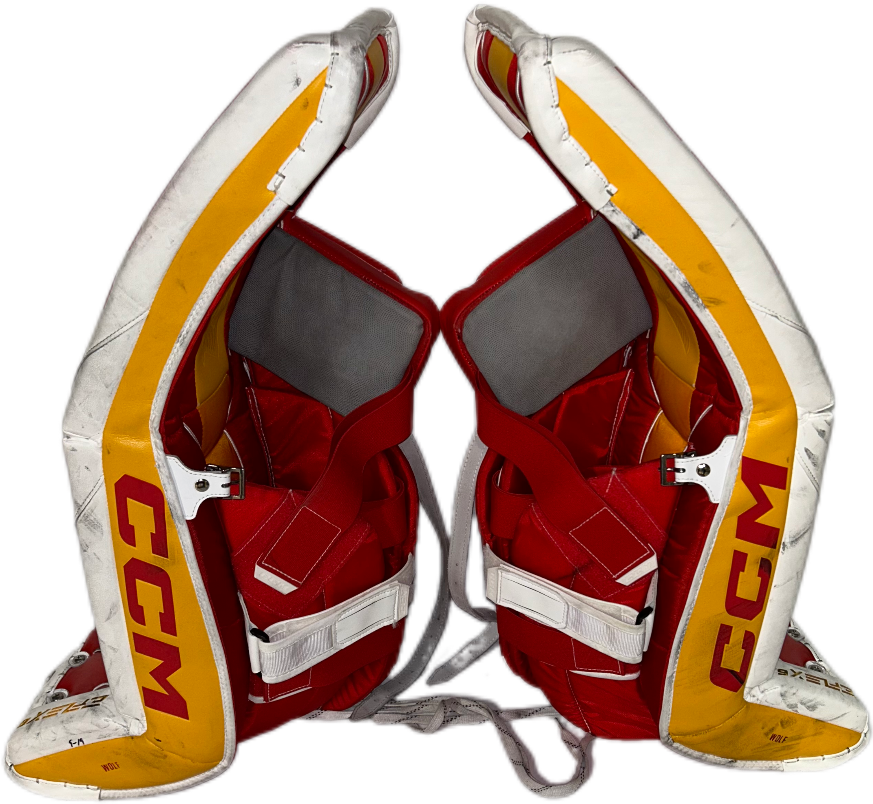 CCM Extreme Flex 6 - Jambières de gardien de but NHL Pro Stock d'occasion - Dustin Wolf (blanc/jaune/rouge)