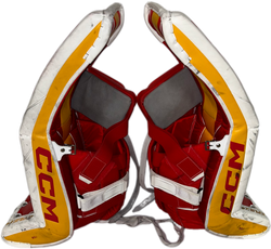 CCM Extreme Flex 6 - Jambières de gardien de but NHL Pro Stock d'occasion - Dustin Wolf (blanc/jaune/rouge)