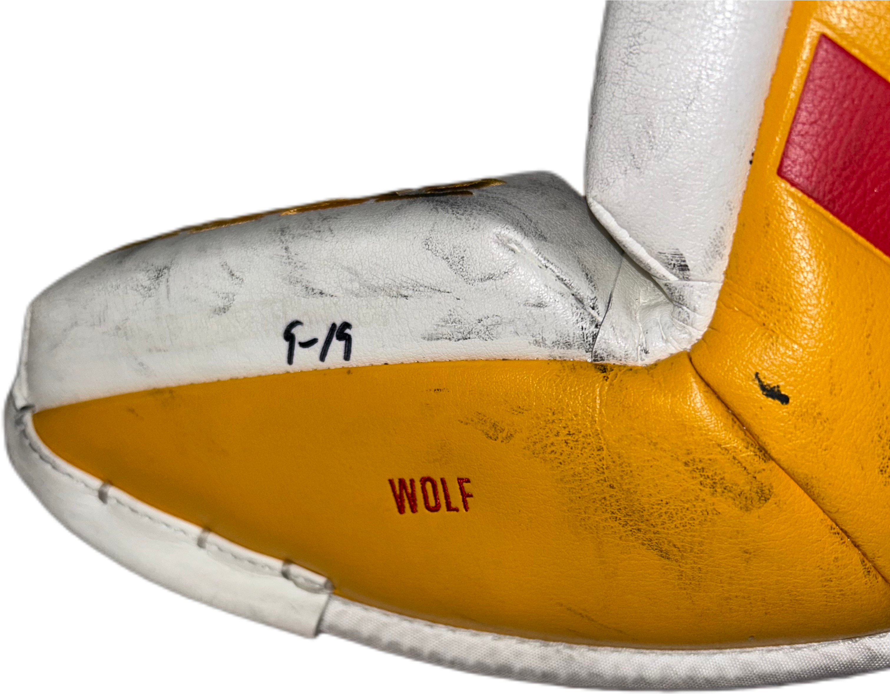 CCM Extreme Flex 6 - Jambières de gardien de but NHL Pro Stock d'occasion - Dustin Wolf (blanc/jaune/rouge)