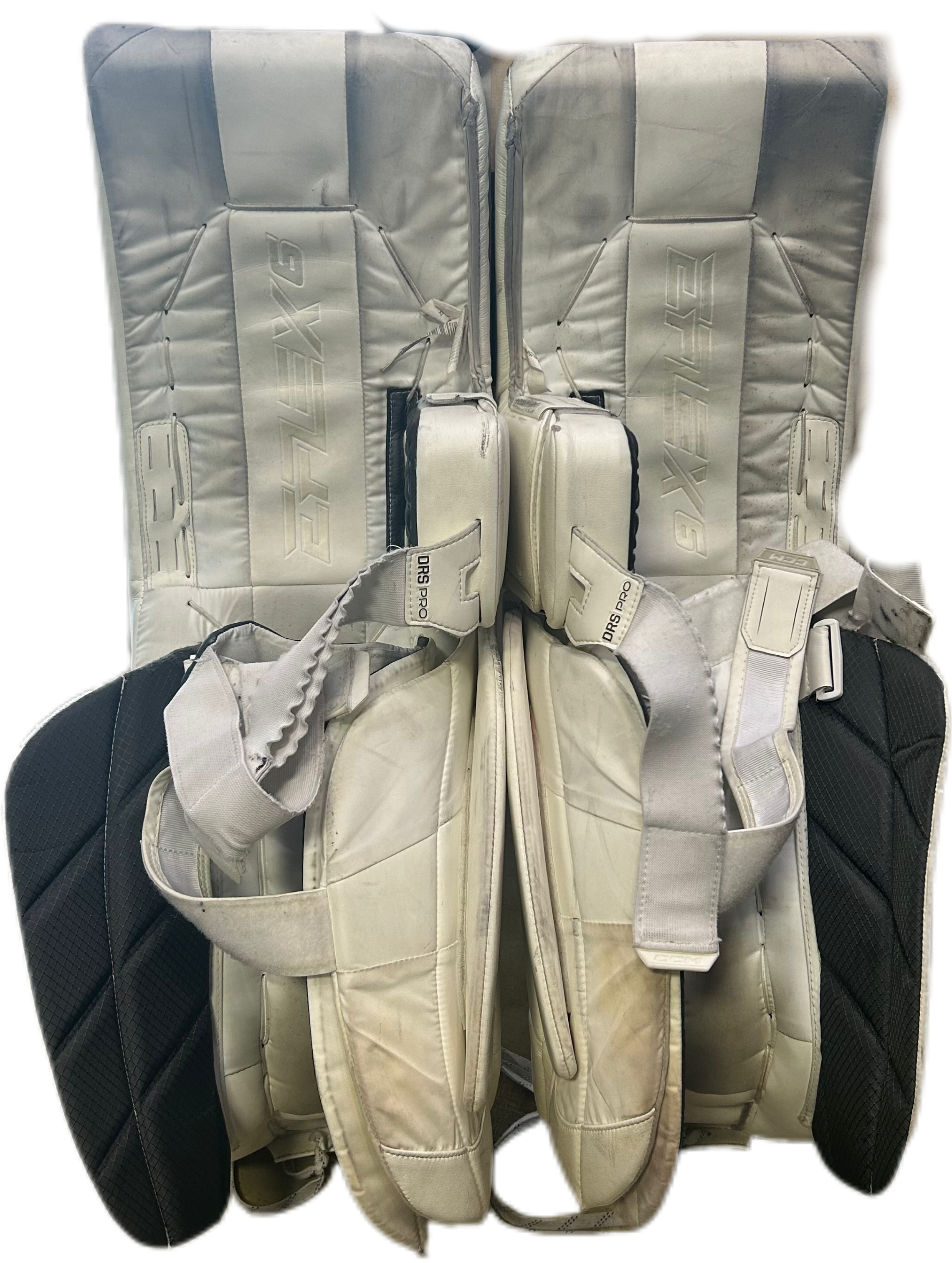 CCM Extreme Flex 6 - Used Pro Stock Goalie Pads (White/Navy/Yellow)