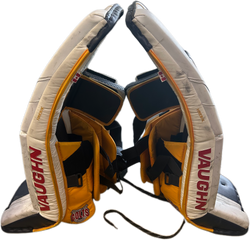 Vaughn Velocity V10 - Jambières de gardien de but Pro Stock d'occasion (blanc/bleu marine/jaune)