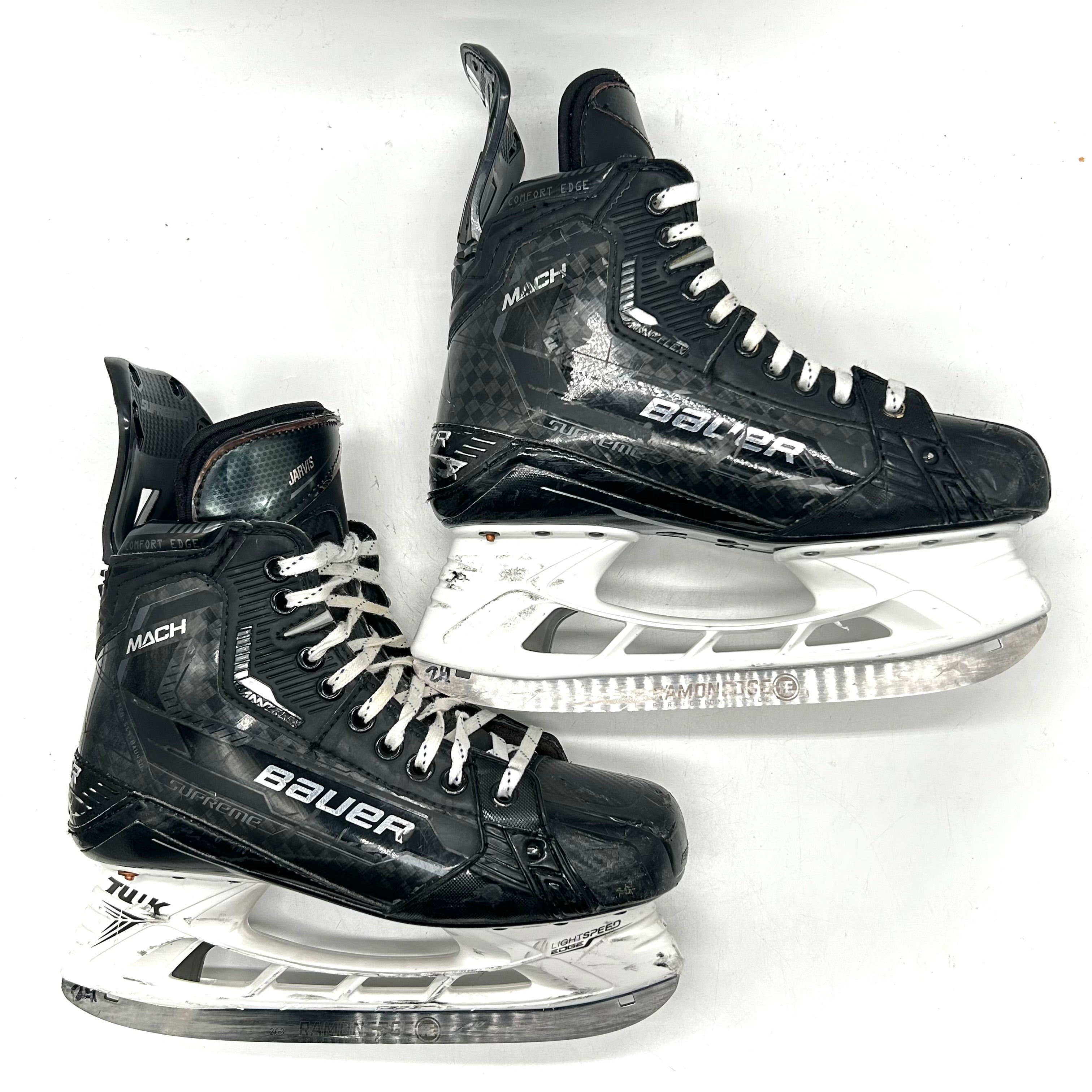 Bauer Supreme Mach - Patins NHL Pro Stock d'occasion - Seth Jarvis - Taille L : 7,25D/R : 7,5D