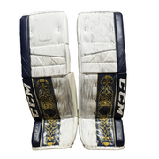 CCM Extreme Flex 5 - Jambières de gardien NCAA Pro Stock d'occasion (blanc/bleu marine/or)