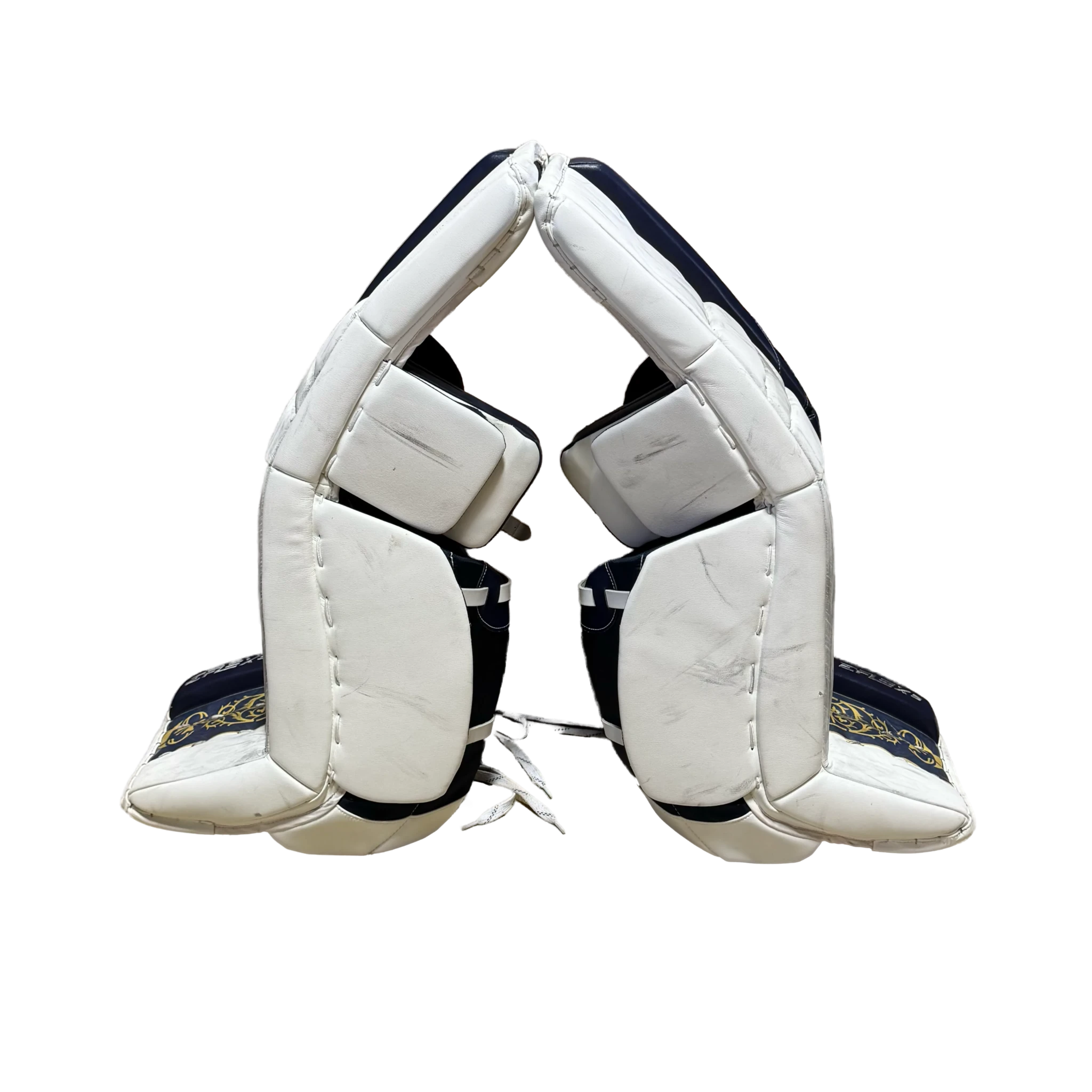 CCM Extreme Flex 5 - Used NCAA Pro Stock Goalie Pads (White/Navy/Gold)
