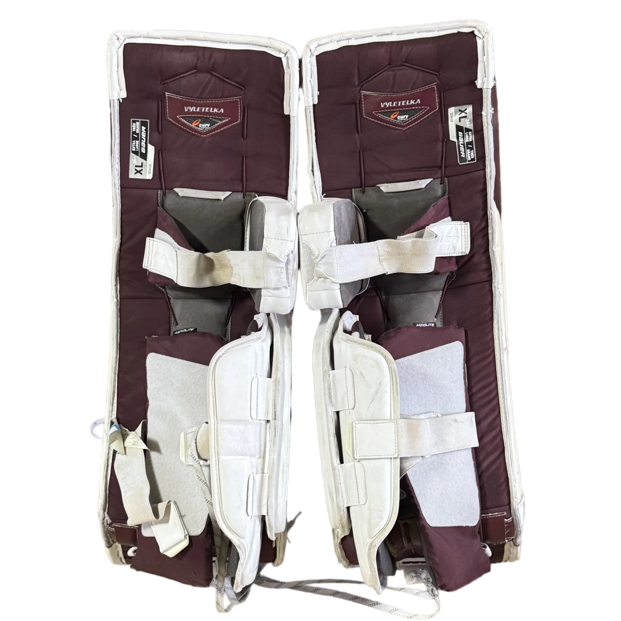 Bauer Vapor Hyperlite - Used NCAA Pro Stock Goalie Pads (White/Maroon)