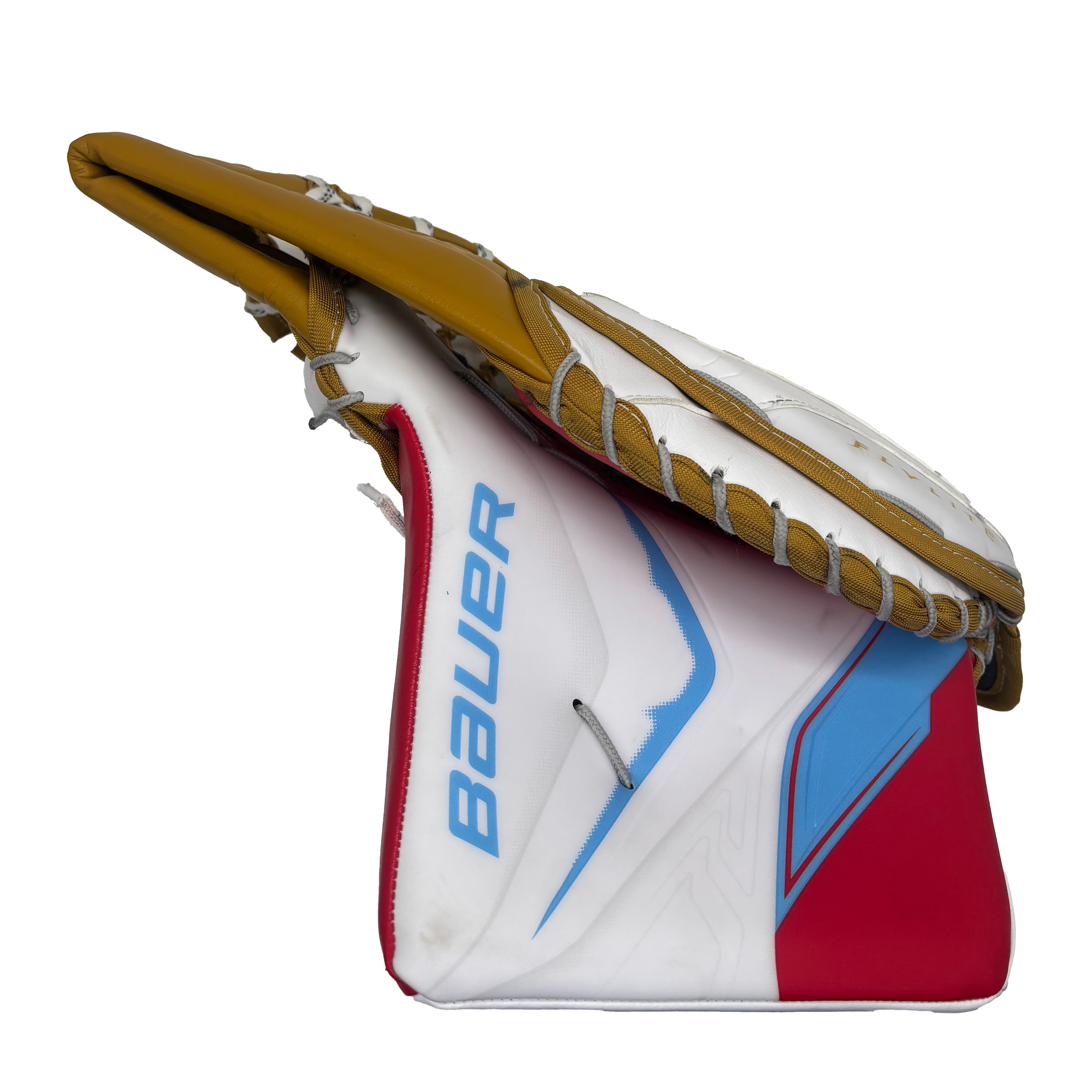Bauer Vapor Flylite - Used Pro Stock Goalie Glove (Red/White/Tan/Baby Blue)