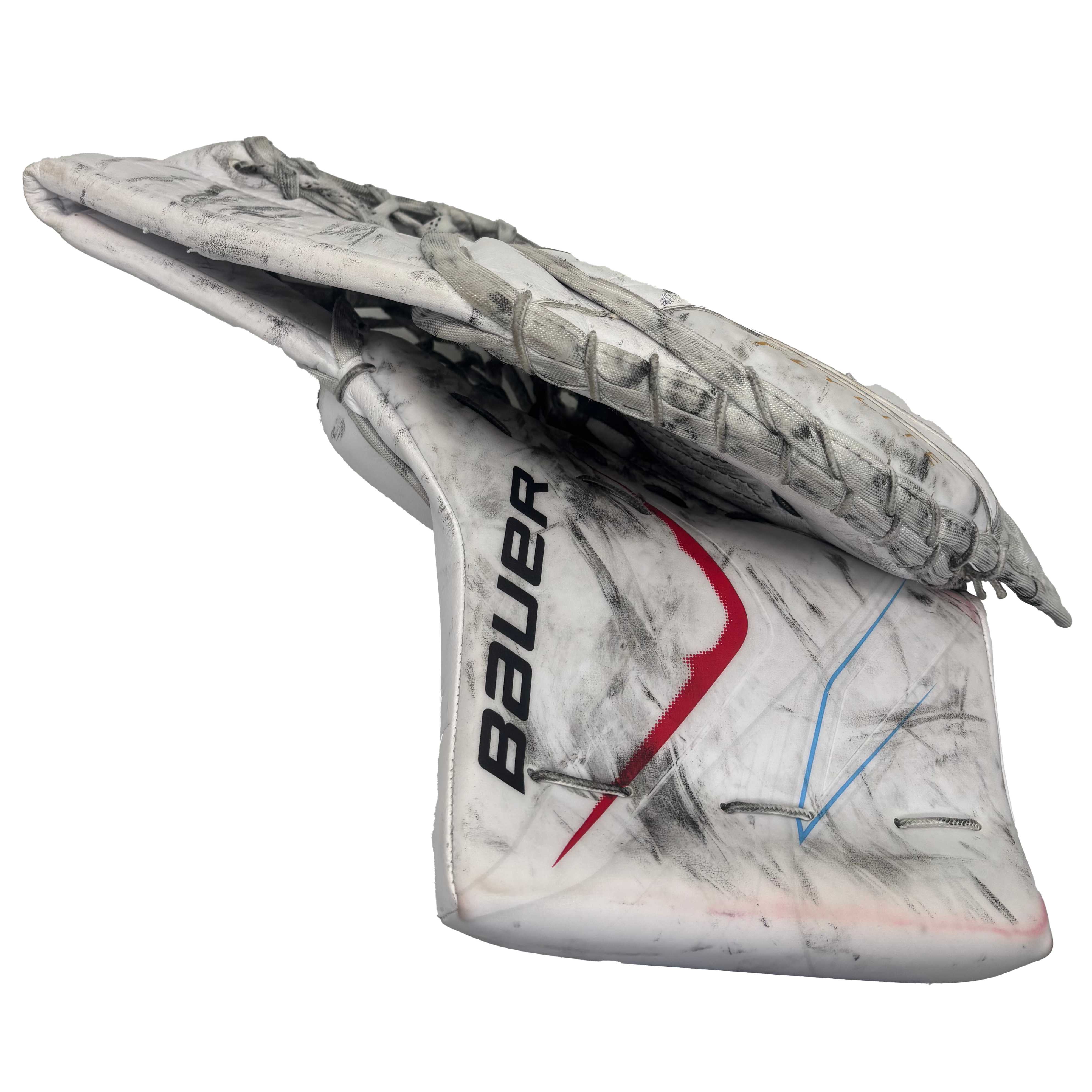Bauer Vapor Flylite - Used Pro Stock Goalie Glove (White/Red/Baby Blue)