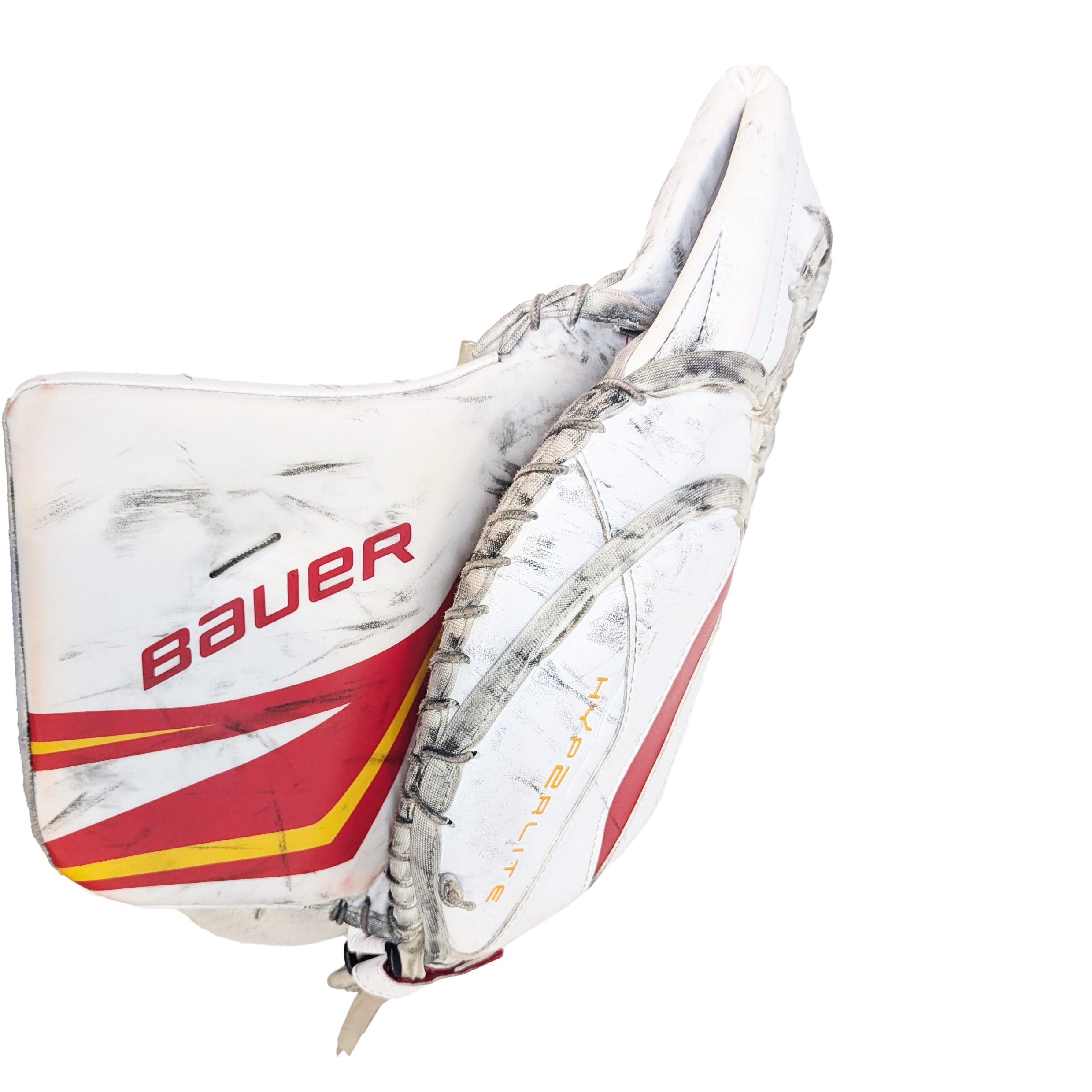 Bauer Vapor Hyperlite 2 - Used Pro Stock Goalie Glove (White/Red/Yellow)