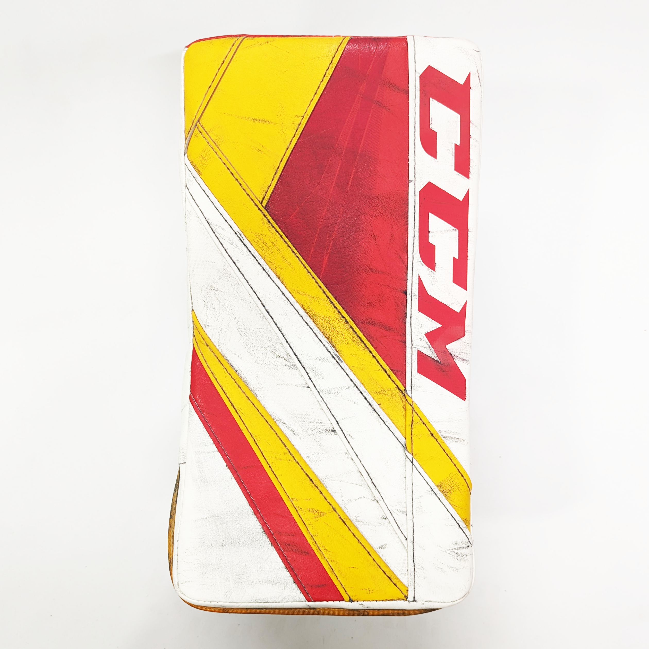 CCM Extreme Flex 5 - Jambières de gardien de but AHL Pro Stock d'occasion (blanc/rouge/jaune)