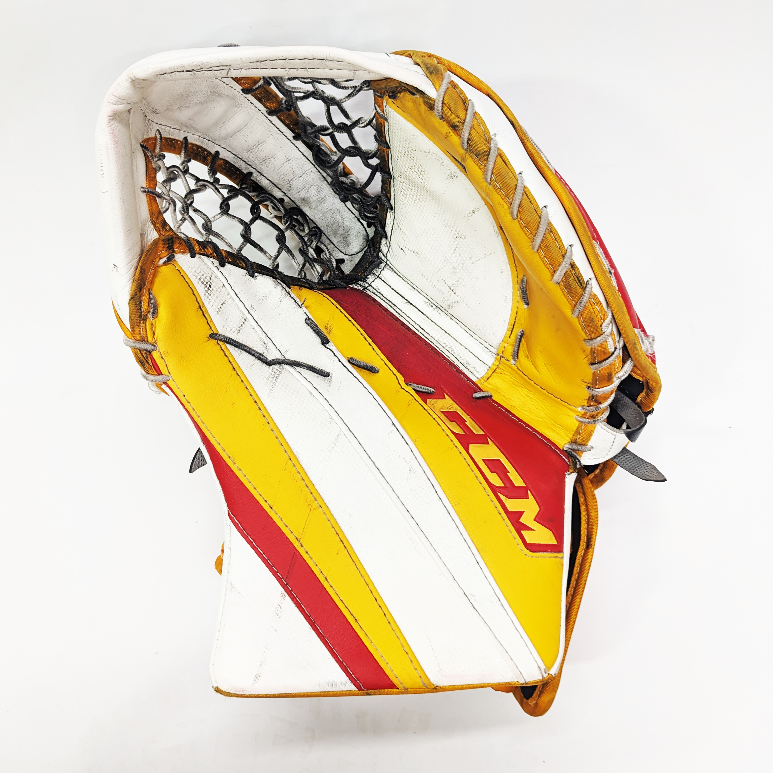 CCM Extreme Flex 5 - Jambières de gardien de but AHL Pro Stock d'occasion (blanc/rouge/jaune)