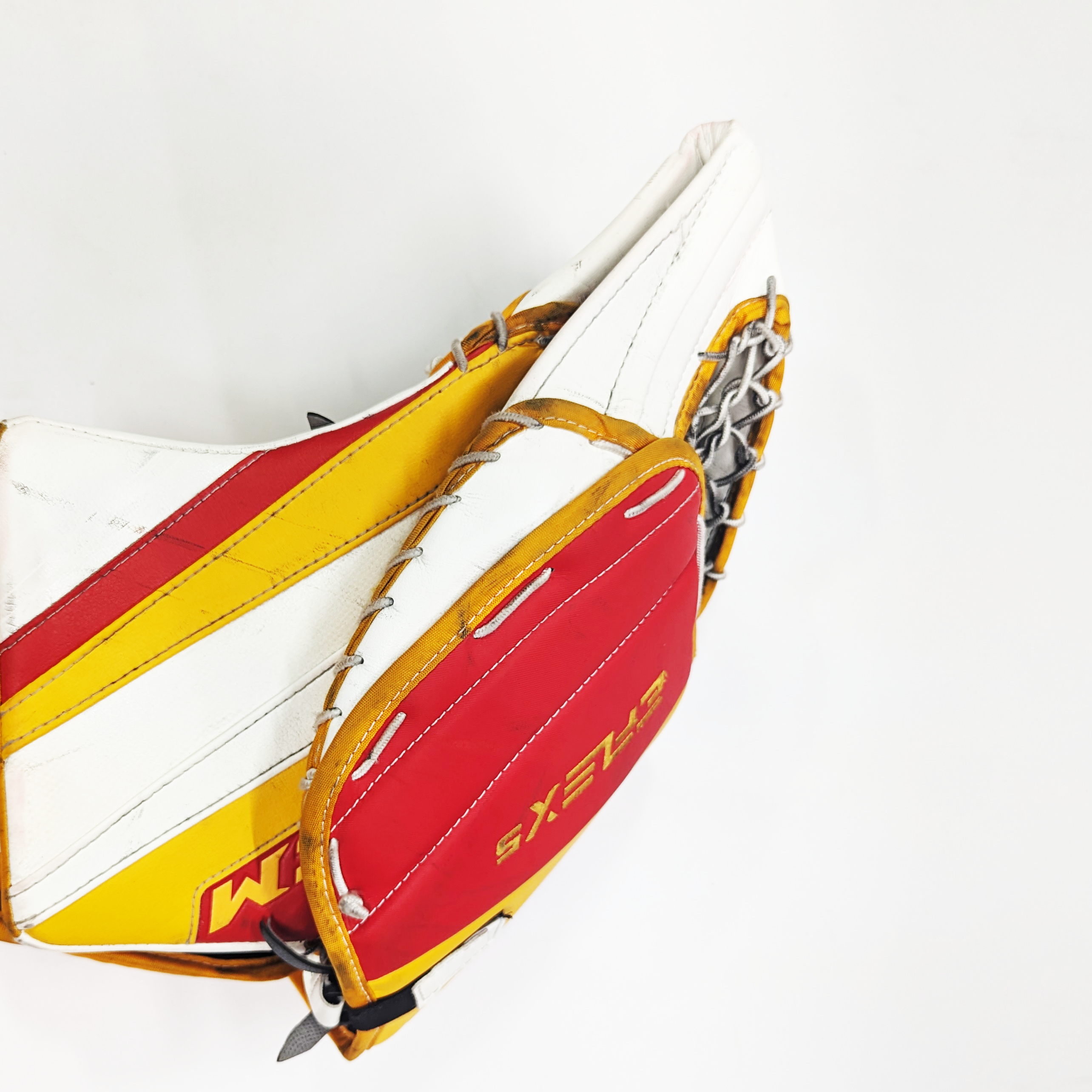 CCM Extreme Flex 5 - Jambières de gardien de but AHL Pro Stock d'occasion (blanc/rouge/jaune)