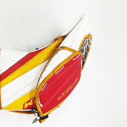 CCM Extreme Flex 5 - Jambières de gardien de but AHL Pro Stock d'occasion (blanc/rouge/jaune)