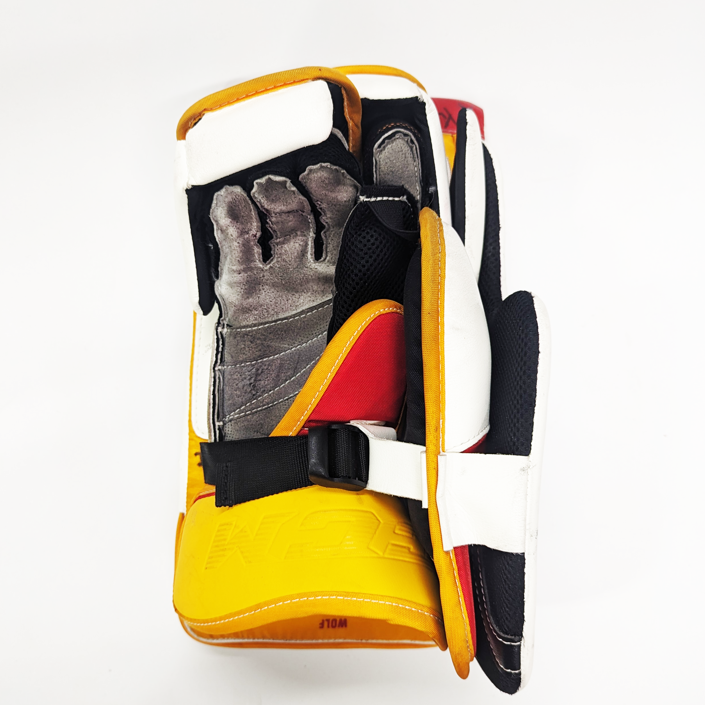 CCM Extreme Flex 5 - Jambières de gardien de but AHL Pro Stock d'occasion (blanc/rouge/jaune)