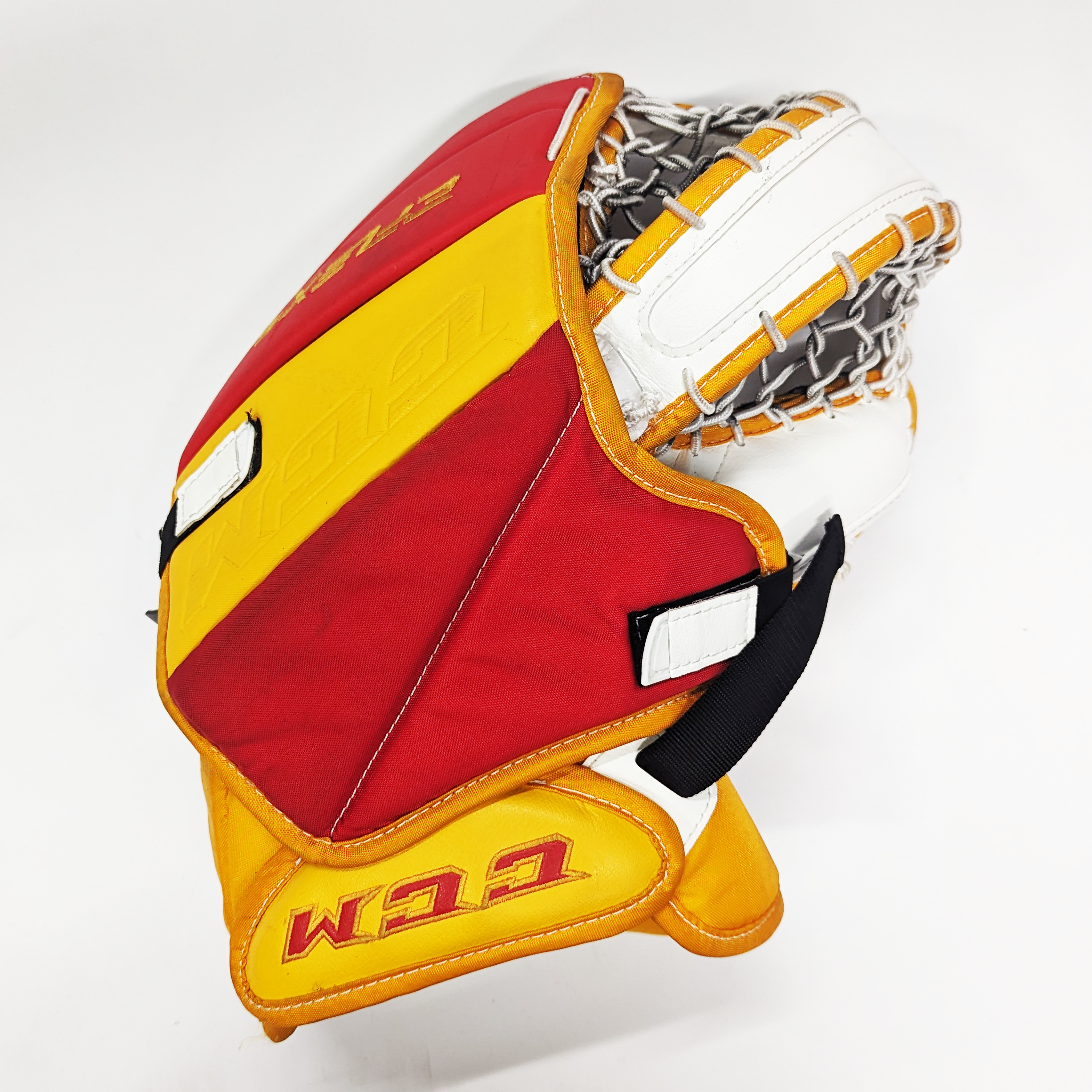 CCM Extreme Flex 5 - Jambières de gardien de but AHL Pro Stock d'occasion (blanc/rouge/jaune)