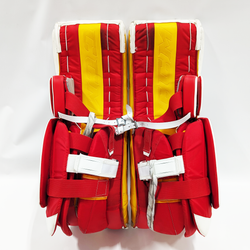 CCM Extreme Flex 5 - Jambières de gardien de but AHL Pro Stock d'occasion (blanc/rouge/jaune)